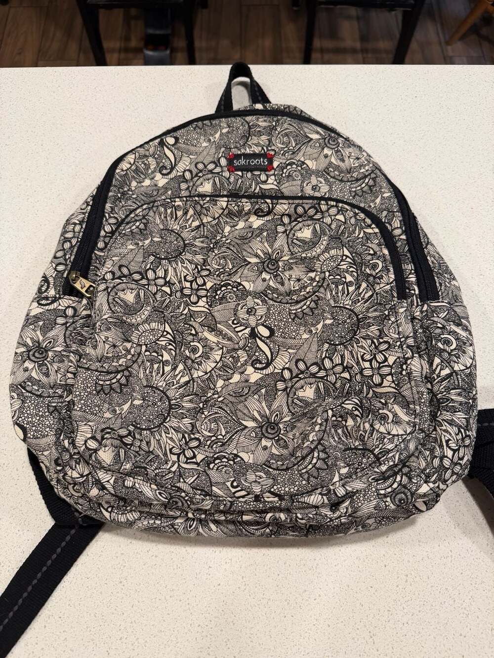 Sakroots Backpack Black Cream Floral Boho Print School Travel Bag Adjustable